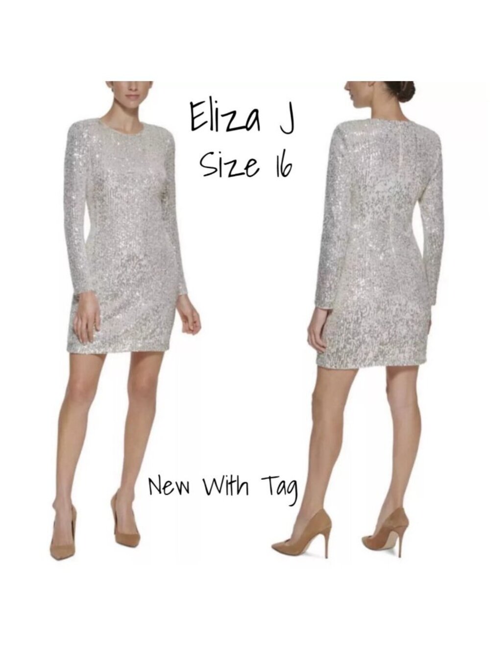 Eliza J Women's Silver Sequin Long Sleeve Sheath Dress Size 16 - New With Tag